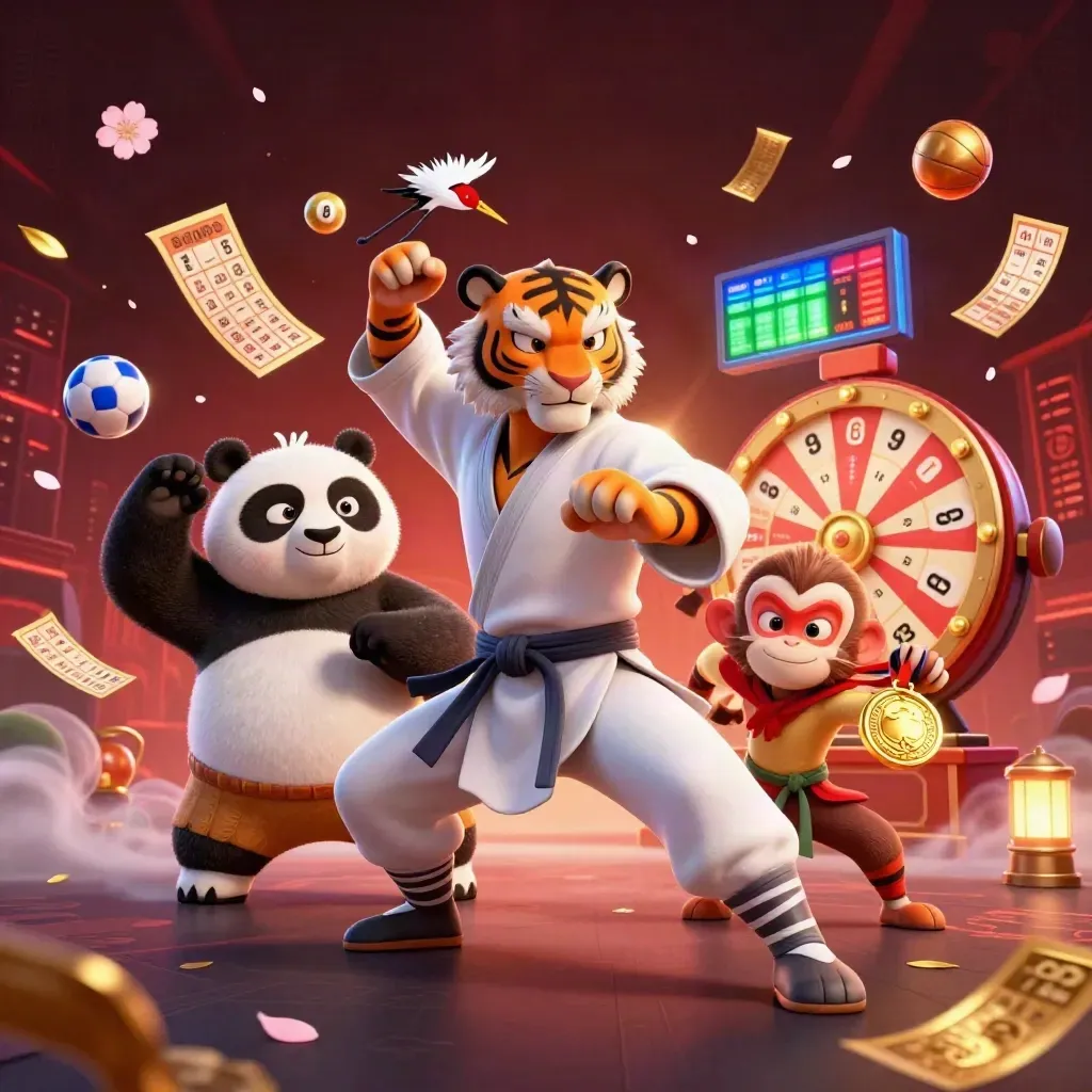 Tiger, panda, and monkey in explosive casino action amid glowing sports and jackpot elements.