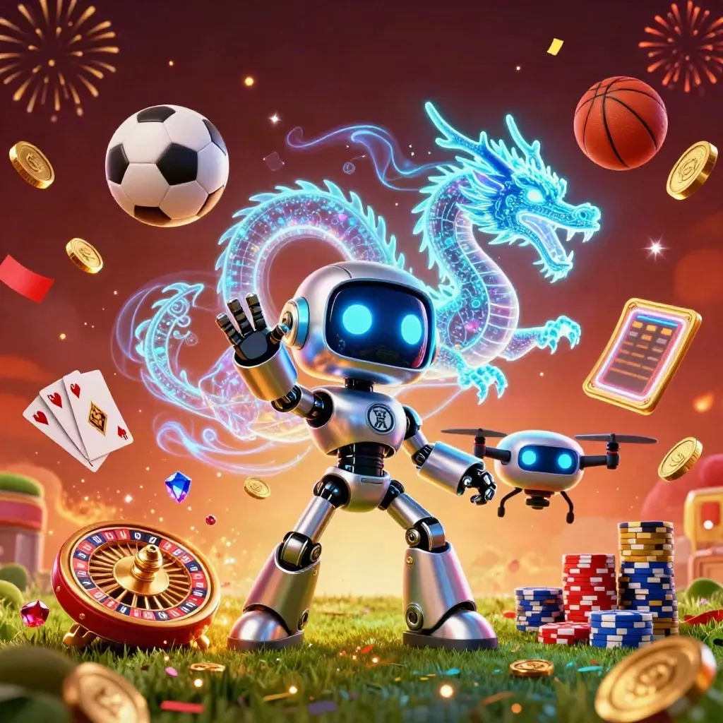 Cyberpunk robot, holographic dragon, and drone amid casino sports action and flying coins.