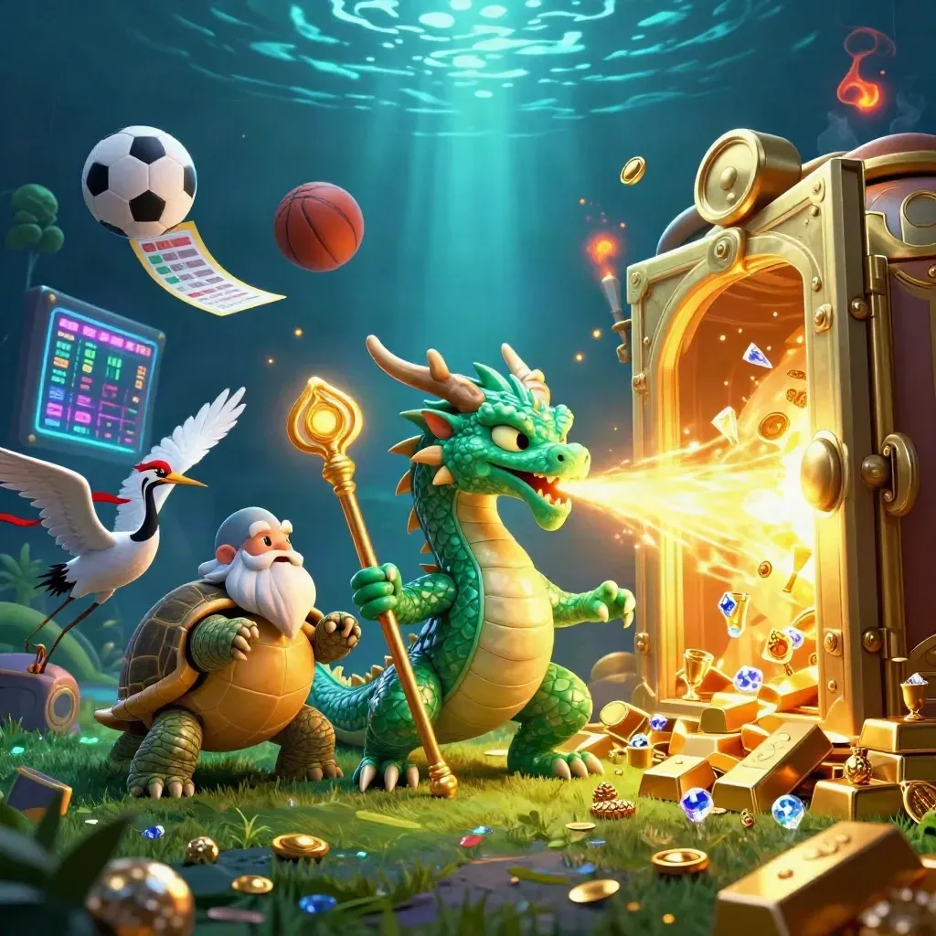Emerald dragon, turtle sage, cranes, vault gold, balls and casino light underwater.