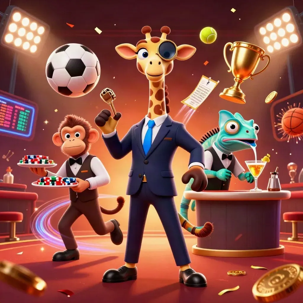 Cartoon giraffe, monkey, and chameleon in a casino burst with sports balls and gold light