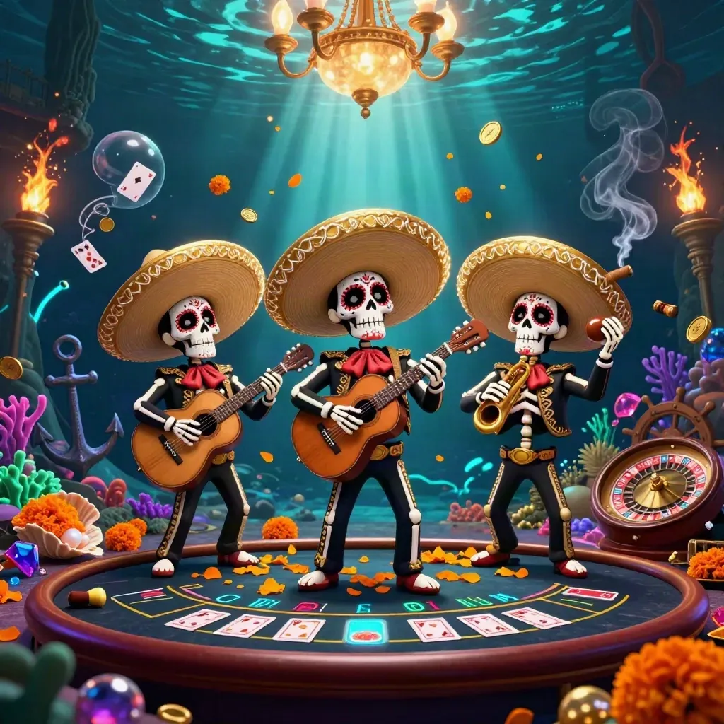 Skeleton mariachi trio in an underwater casino cove with coins, coral, cards, and teal glow