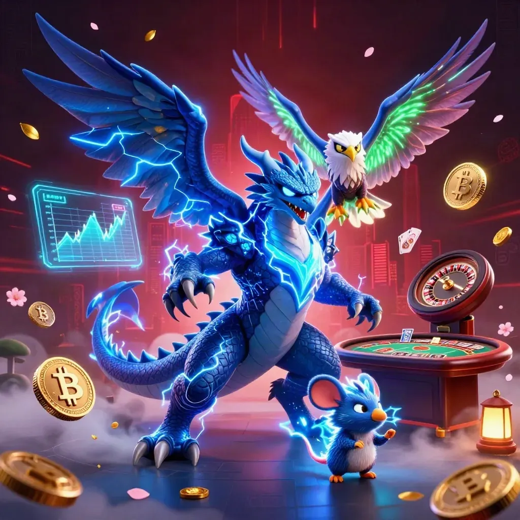 Thunder dragon, wind hawk and static mouse amid casino magic, neon coins and dark red skyline.