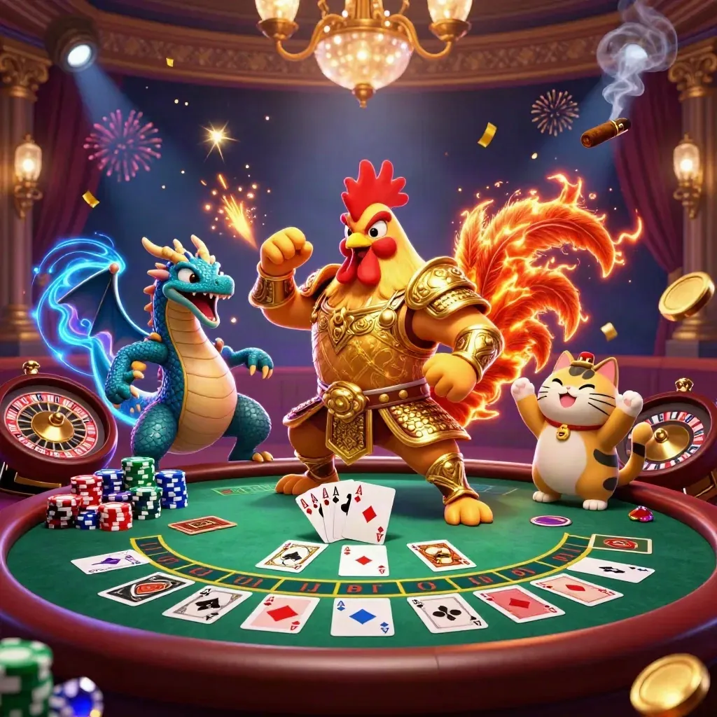Rooster warrior, dragon hatchling, and fortune-cat amid casino riches, chips, cards, sparks, and chandelier glow