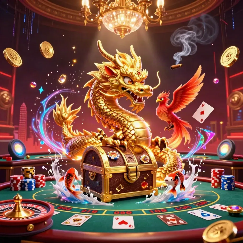 Golden dragon, phoenix, and koi amid casino lights, coins, cards, chips, and a spinning roulette wheel.