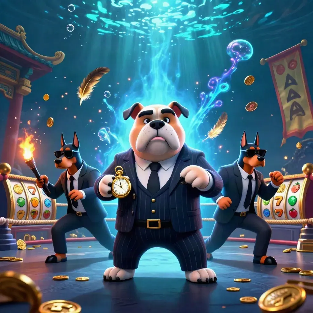 Bulldog boss with two Dobermans amid coins, reels and temple gate under glowing underwater light