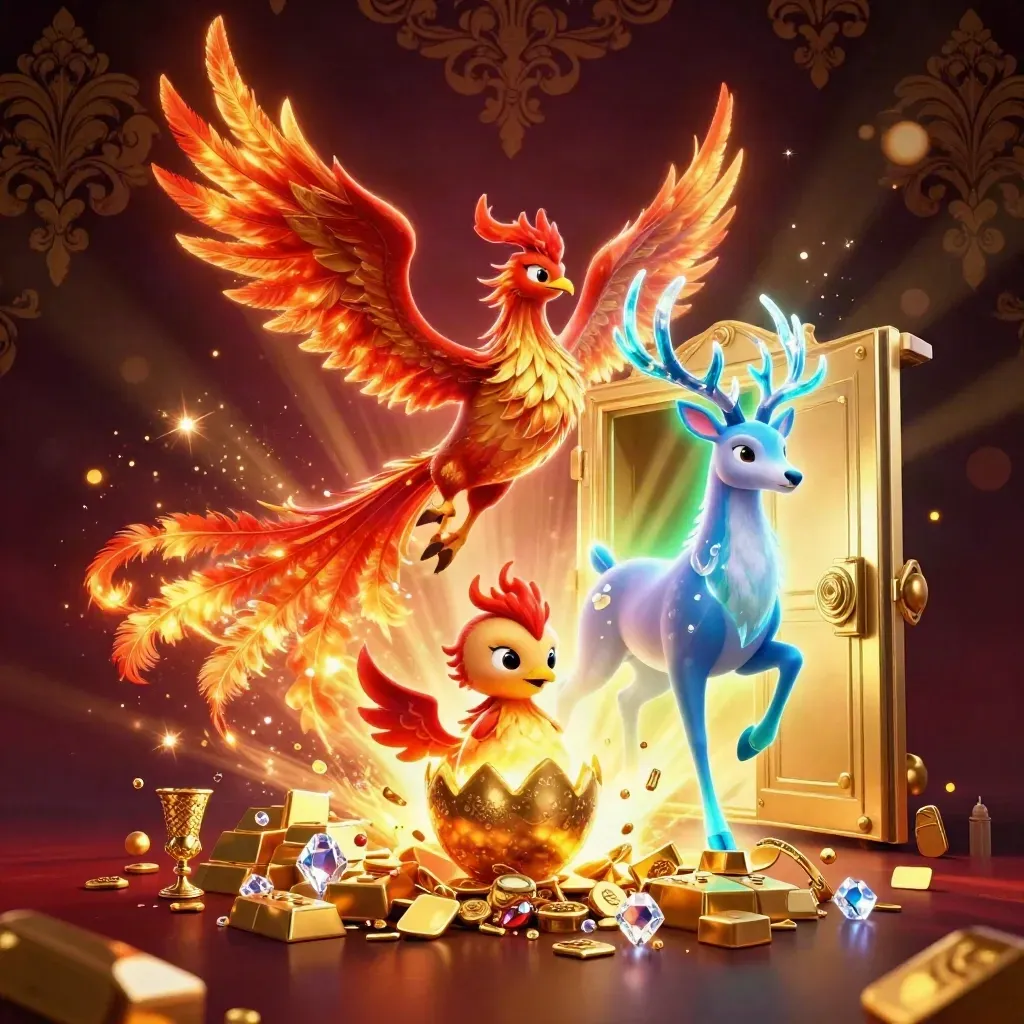 Phoenix, stag, and hatchling erupt from a glowing treasure vault amid gold and blue sparks