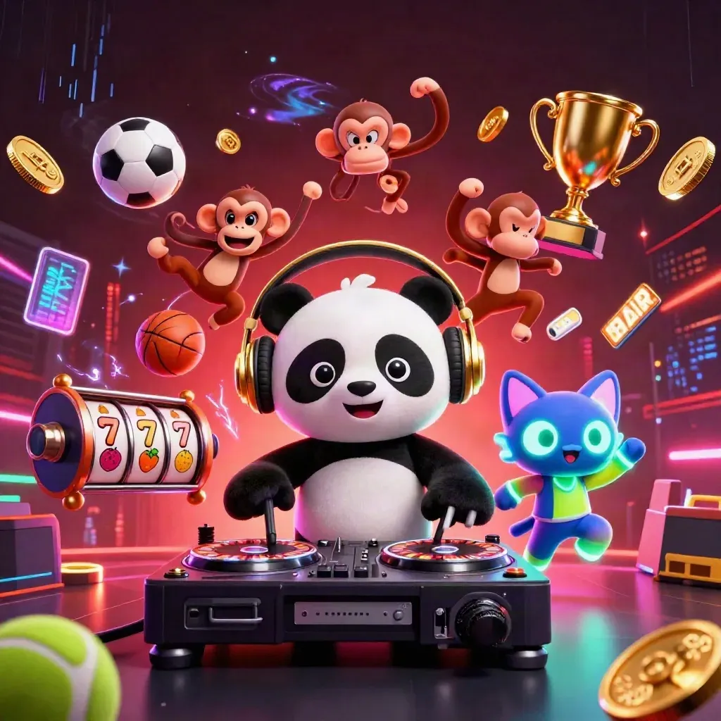 DJ panda, breakdancing monkey, and rave kitten amid casino sports energy and neon loot.