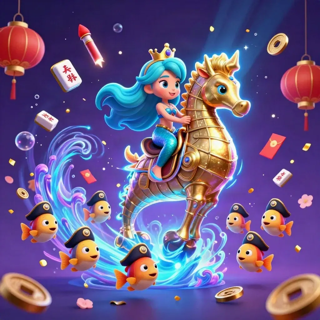 Mermaid princess on armored seahorse amid pirate fish, coins, lanterns and glowing underwater treasure.