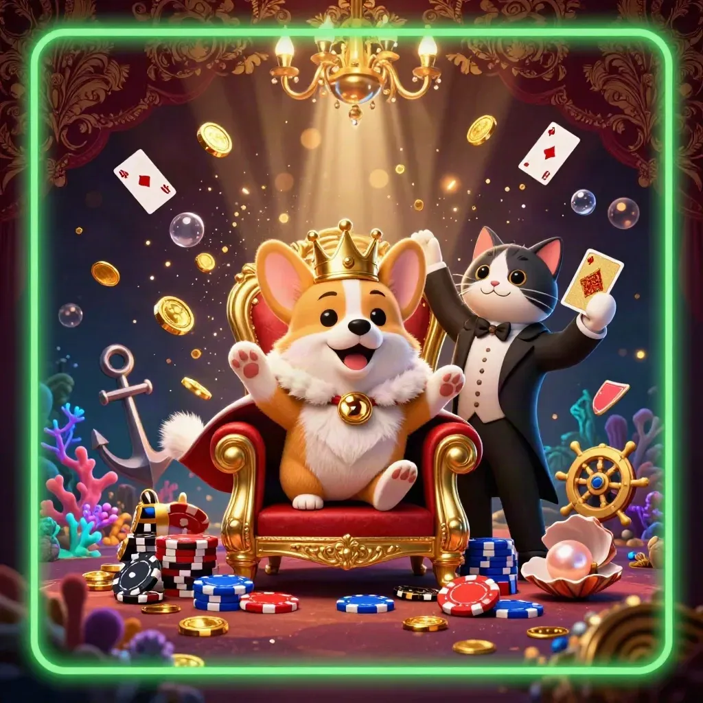 Royal corgi king and cat butler amid treasure, coins, coral, and glowing casino glamour