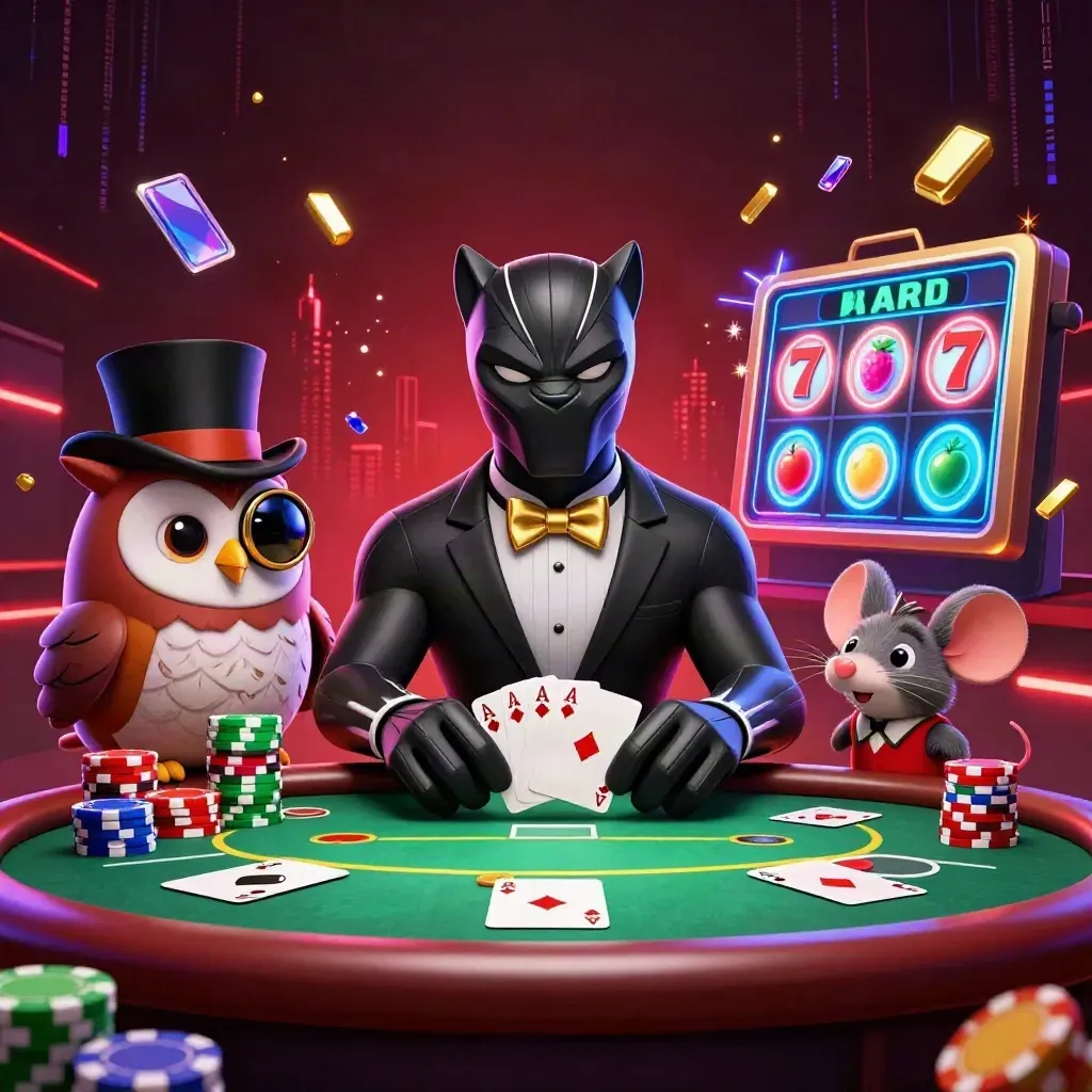 Black panther, owl, and mouse play poker amid neon chips, cards, and electric blue energy.