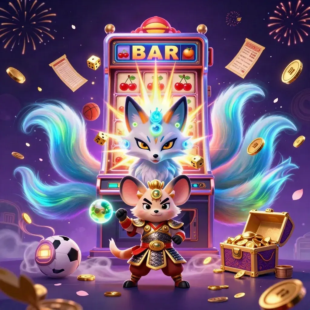 Neon fox spirit and samurai mouse amid exploding jackpot symbols, gold, and fireworks