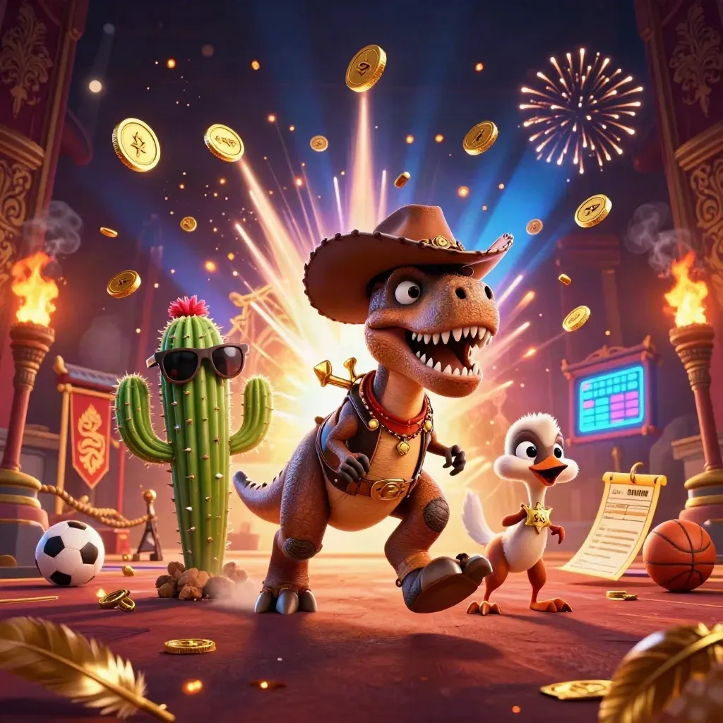 Cowboy T-Rex, cactus sidekick, and roadrunner amid coins, fireworks, and casino loot
