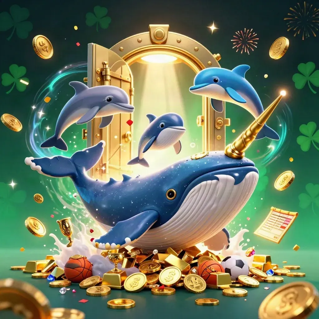 Whale captain, narwhal and dolphins erupt from a coin vault with casino riches and fireworks