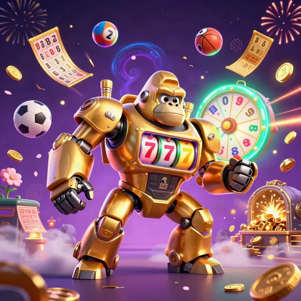 Golden gorilla mech with monkey pilot amid casino bursts, coins, fireworks and neon glow.