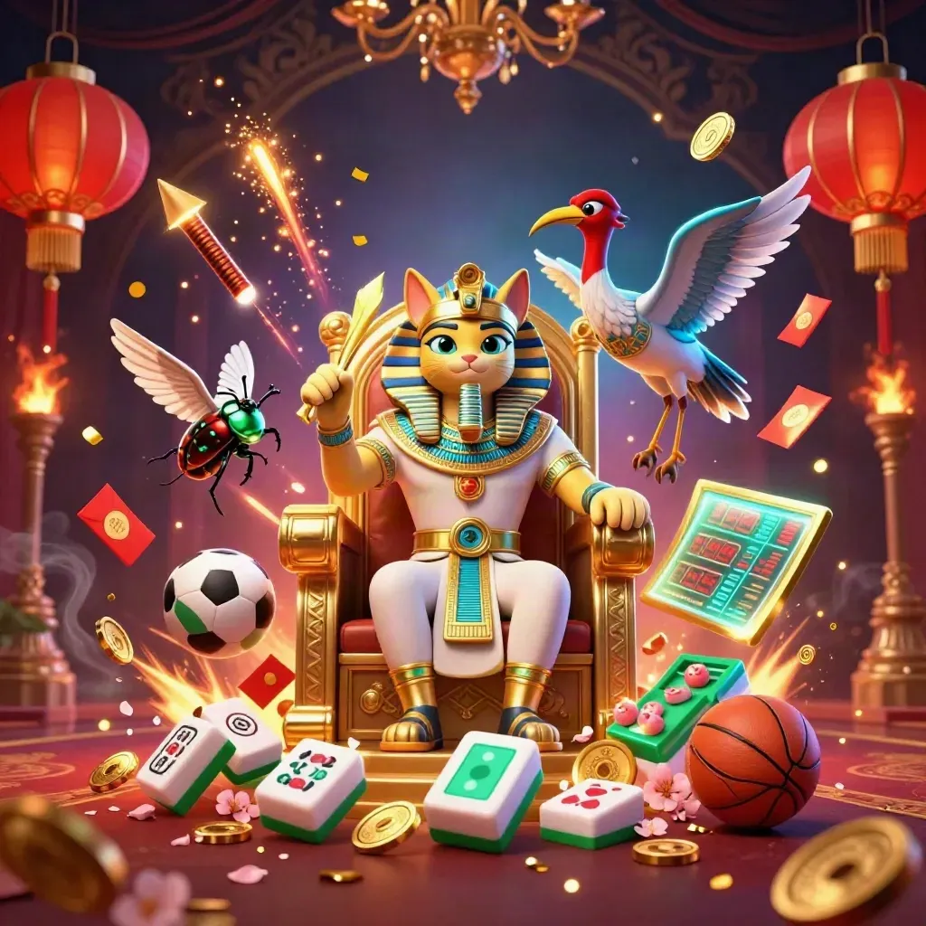 Pharaoh cat on golden throne with ibis scribe, scarabs, coins, lanterns, fireworks, and sports bets bursting