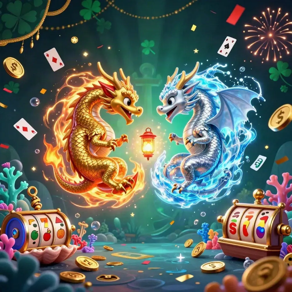 Twin gold and silver dragons coil in fire and ice above treasure, cards, reels, and glowing coral.