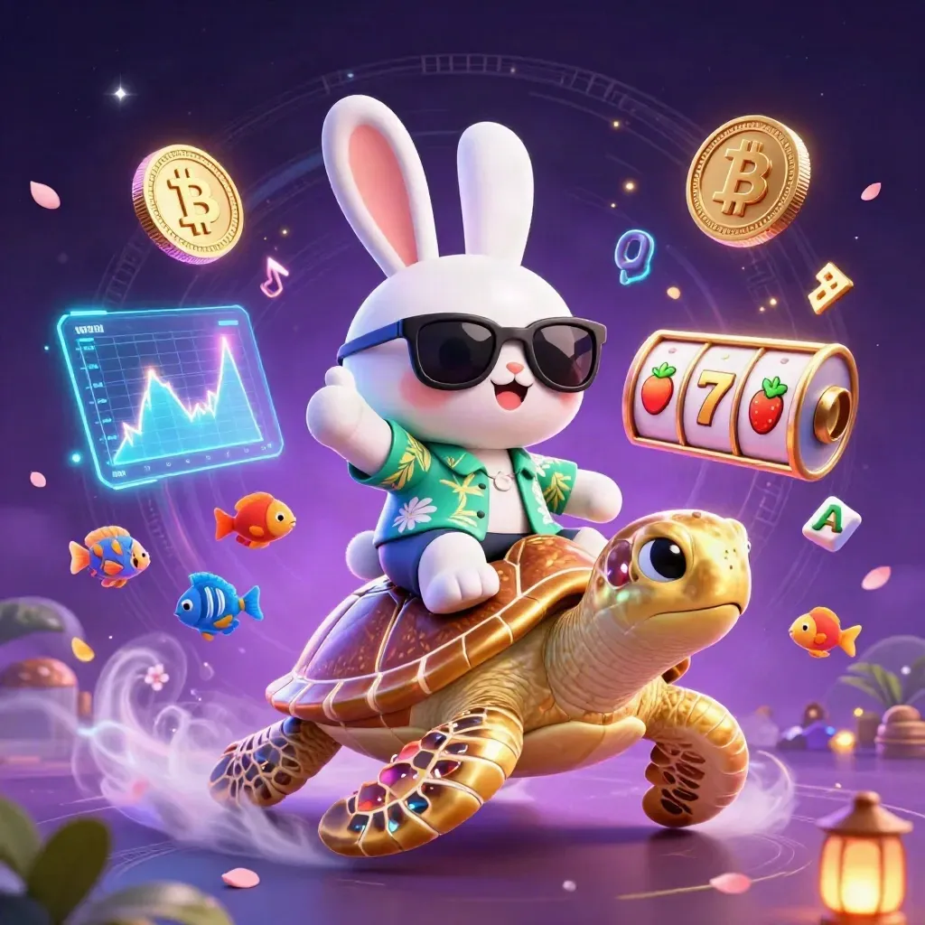 Lucky rabbit rides a golden sea turtle amid neon coins, lightning, and casino magic.