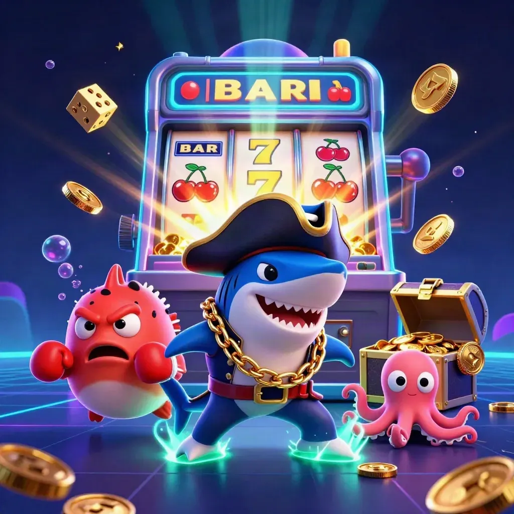 Pirate shark, boxing pufferfish, and coin-juggling octopus amid exploding slot reels and gold.