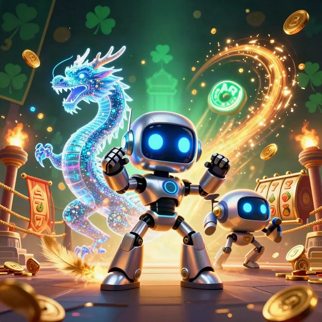 Chrome robot, holographic dragon, and coin drone amid casino relics, coins, and glowing slot effects.
