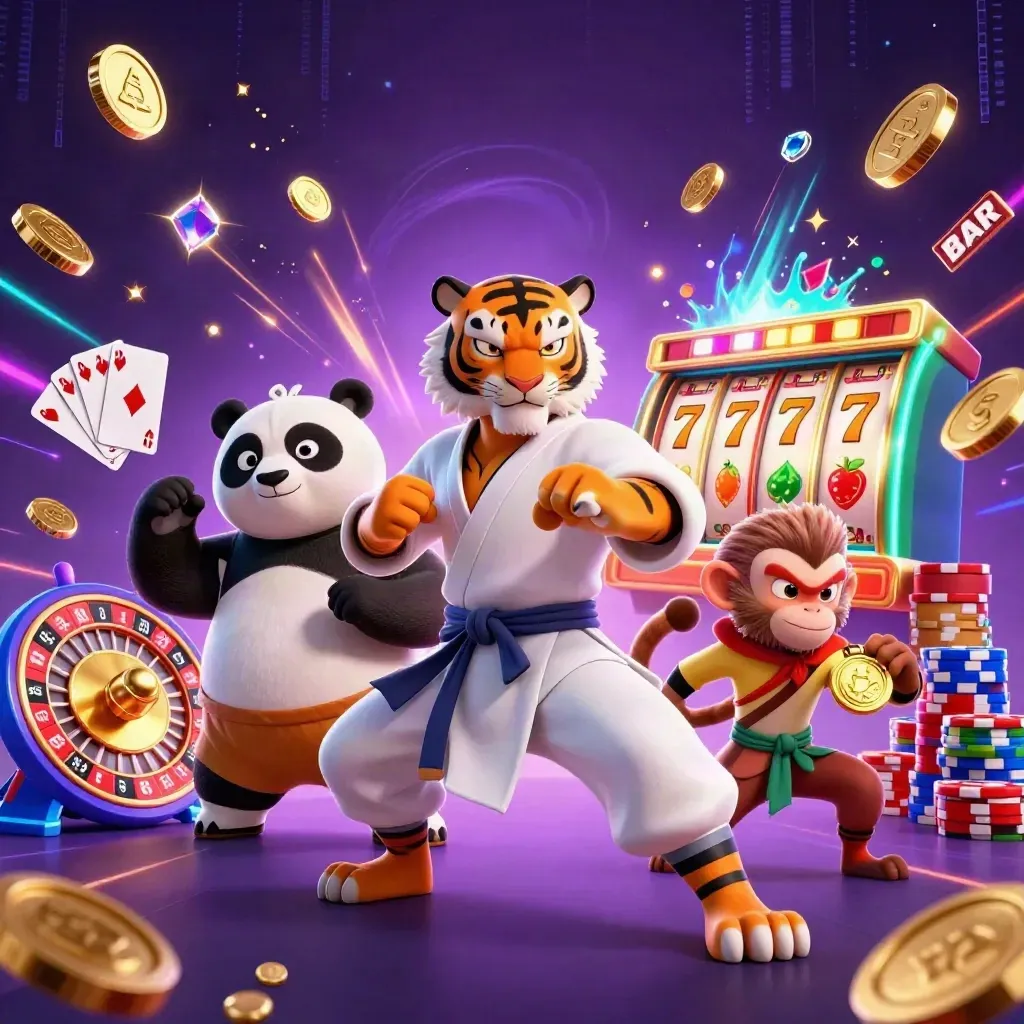 Tiger master, panda disciple, and monkey student with casino effects in a dark neon splash scene