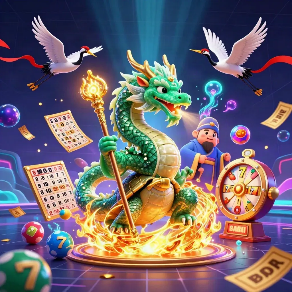 Jade dragon, turtle sage, and cranes amid casino balls, reels, gold fire, and neon dark glow