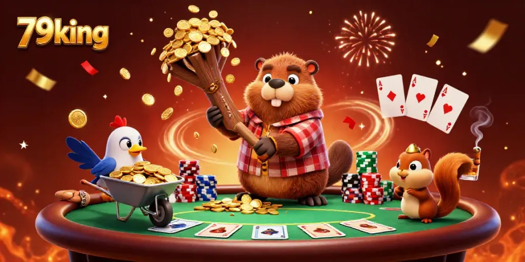79king features a playful beaver collecting golden coins at a vibrant poker-themed scene.