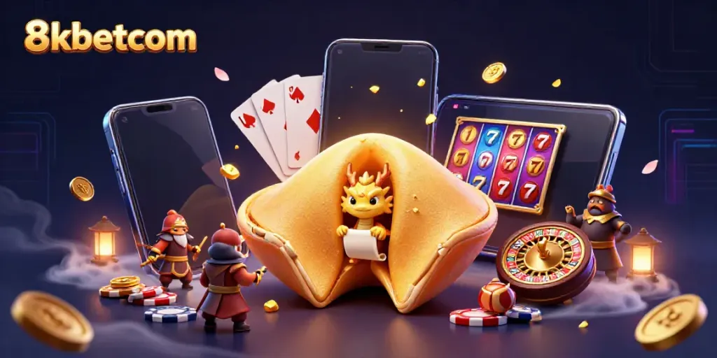 Engage with 8kbetcom's lively slots and fortune-themed illustration, featuring dragons and golden treasures.