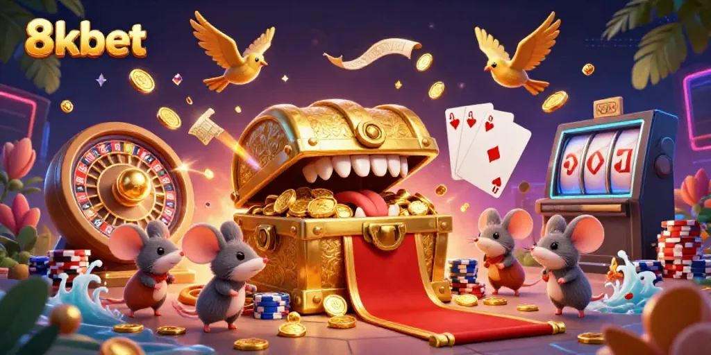 8kbet showcases an enticing 3D treasure chest cartoon scene filled with gold and excitement.