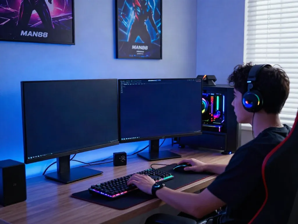 Engaging gamer focused on MAN88 online gaming platform showcasing vibrant graphics and modern gaming setup.