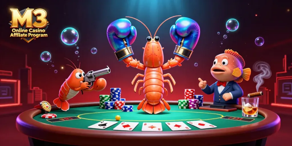 Experience the joy of poker with M3 Online Casino Affiliate Program, featuring aquatic characters in a vibrant scene.