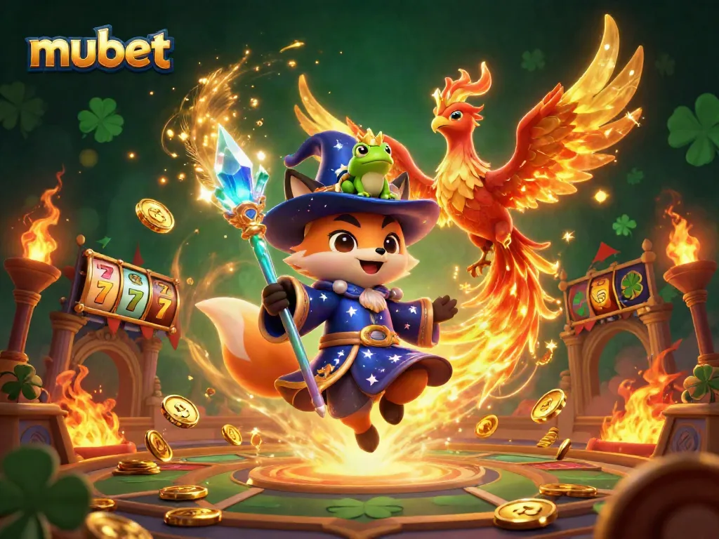 Experience thrilling betting action with mubet in this vibrant, dynamic casino scene featuring a wizard fox and phoenix.