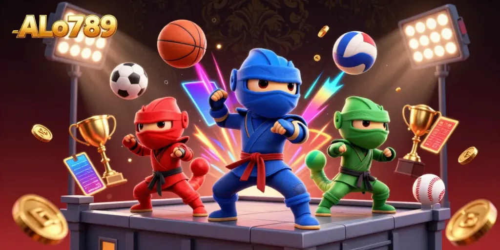 Experience thrilling ALo789 action with ninja chameleons, sports balls, and dynamic gaming elements in vibrant detail.