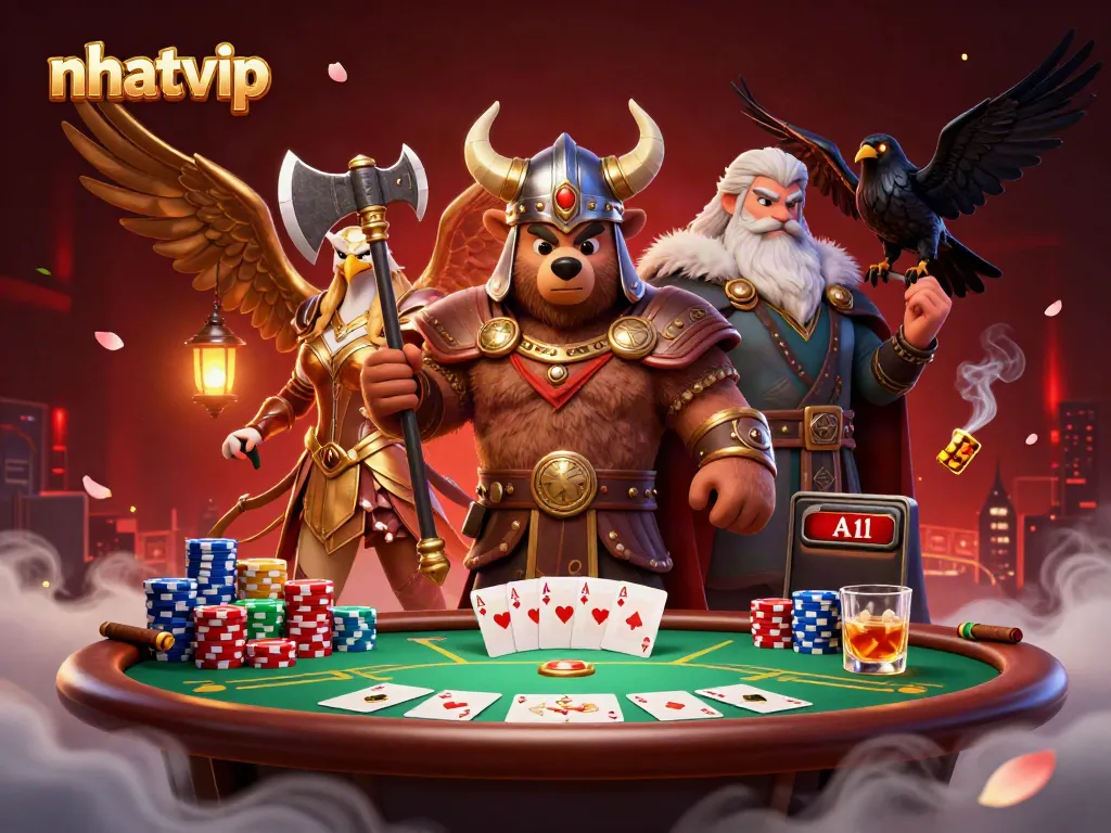 Nhatvip showcases a vibrant 3D illustration of epic characters engaged in casino action, emphasizing excitement.