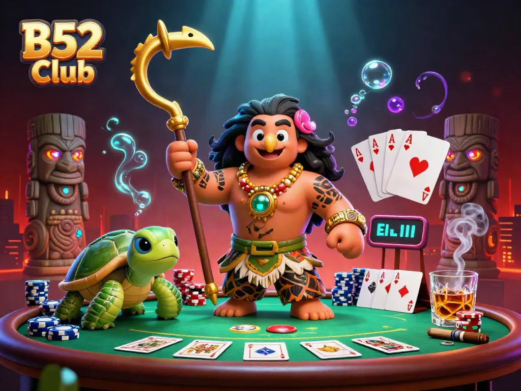 Experience the thrill of games at B52 Club with vibrant visuals of poker chips and characters.