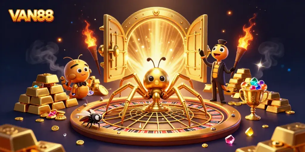 Engaging 3D scene depicting VAN88's golden roulette wheel web with a fly placing bets amid sparkling treasures.