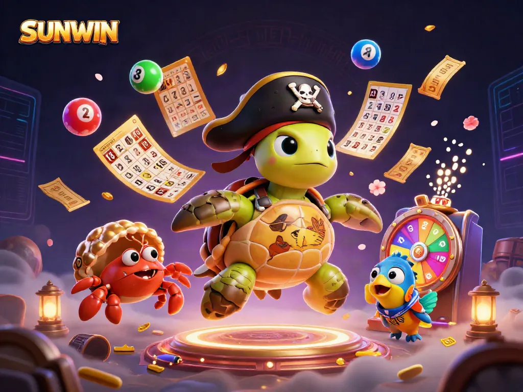 SUNWIN showcases a vibrant casino scene with a cartoon pirate turtle, crab, and fish surrounded by colorful lottery elements.