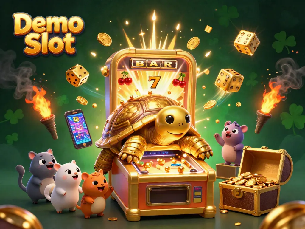 Experience thrilling gameplay with Demo Slot featuring a golden tortoise pinball machine and jackpot bursts.