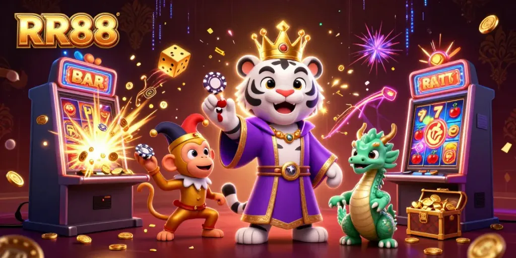 RR88 showcases a vibrant casino scene with a majestic tiger and monkey, highlighting exciting gaming action.