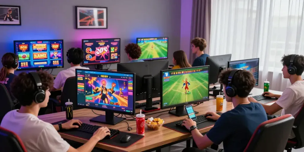 A80 gaming platform scene showcasing diverse players enjoying slots, live casino, and sports betting in a vibrant gaming room.