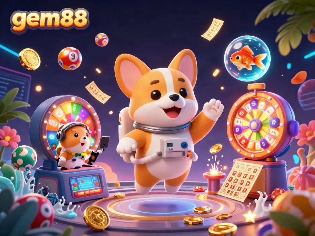 Experience the thrill of gem88 with a corgi astronaut in a casino, vibrant gaming elements surrounding them.