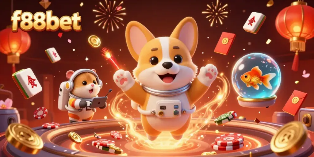 Experience fun with f88bet in this vibrant 3D casino scene featuring quirky characters.