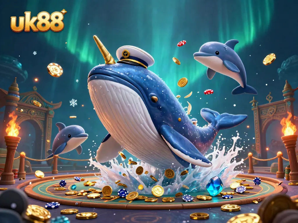 Engage in thrilling action at uk88 with enormous cartoon characters swimming through coins and chips in a high-stakes casino atmosphere.