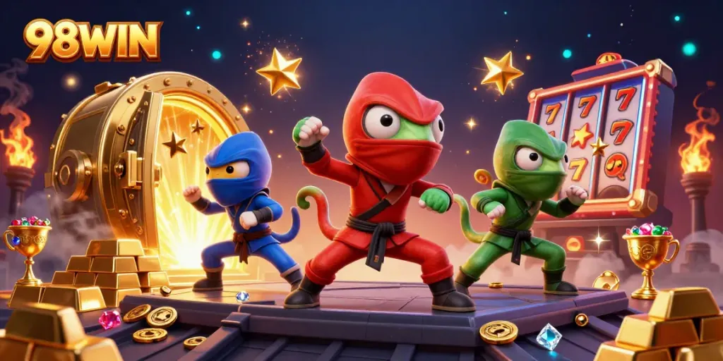 Experience the excitement of 98WIN with ninja chameleons and casino elements in a dynamic illustration.