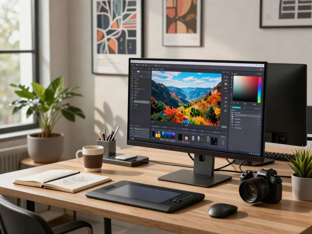 Designer enhancing images with an ai photo editor in a modern office workspace.