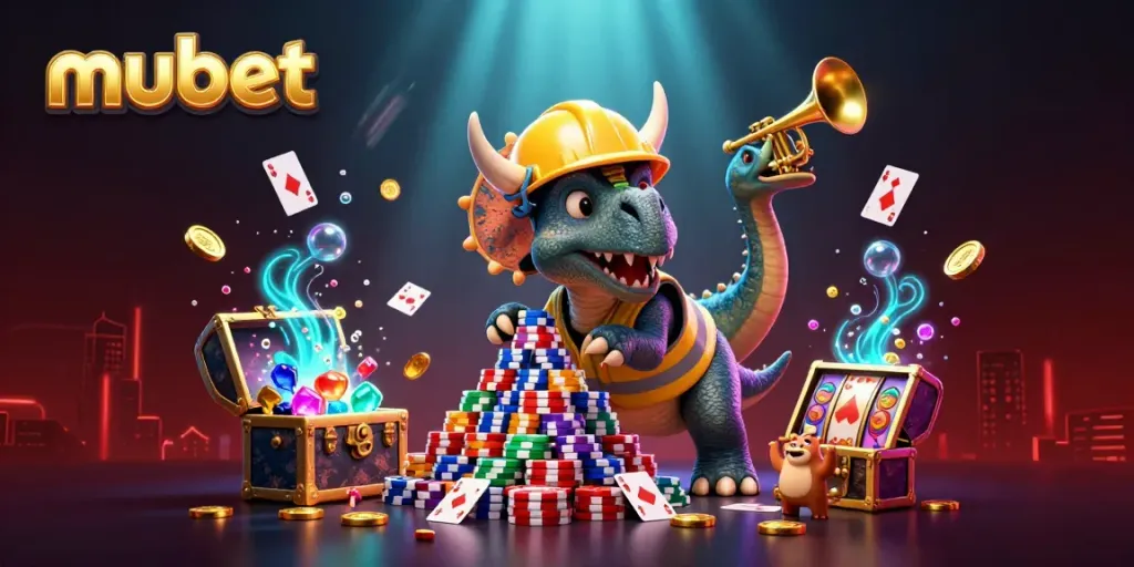 Experience thrilling casino excitement with mubet as a triceratops builds a poker chip pyramid.