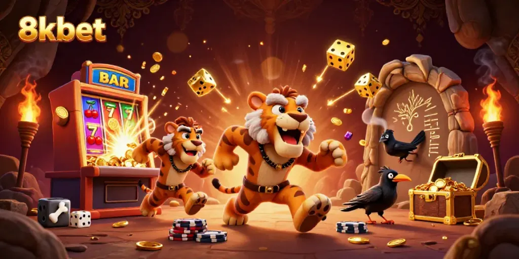 Experience thrilling gaming action at 8kbet with a dynamic caveman casino scene full of excitement.