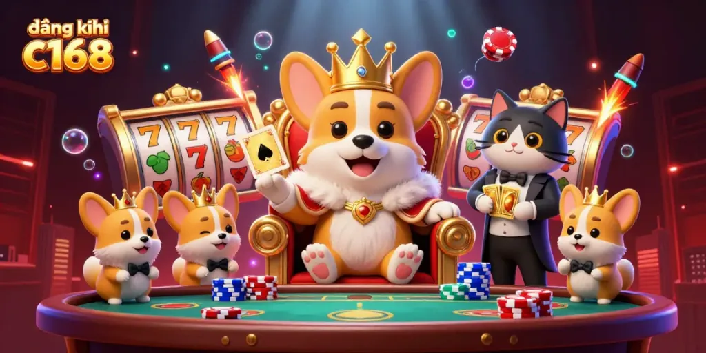 Join the fun of đăng ký c168 with a vibrant 3D illustration of a royal corgi atop poker chips.