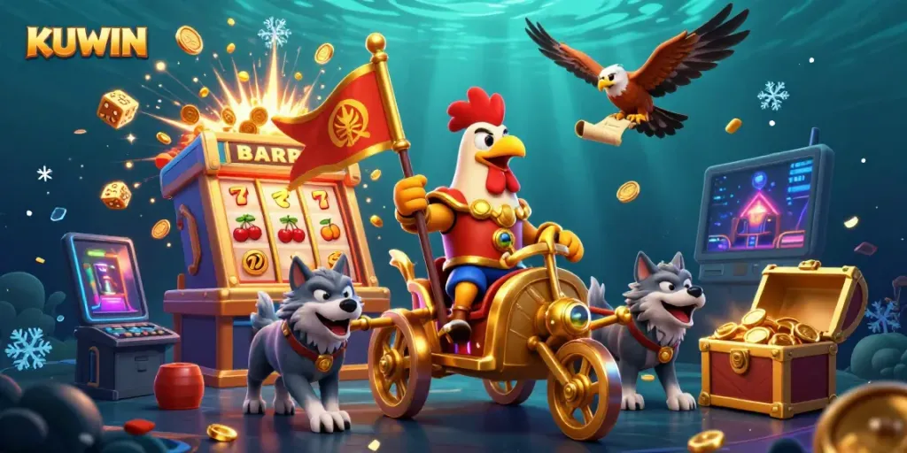 Engage with KUWIN's thrilling casino fun in this vibrant 3D scene featuring dynamic elements and characters.