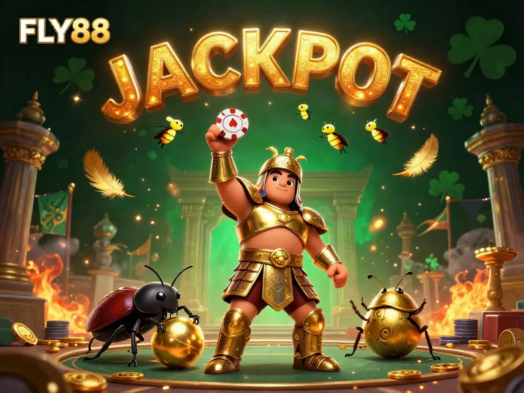 FLY88 champions jackpot victory with a beetle duo amidst scattered gold tokens in vibrant casino ambiance.