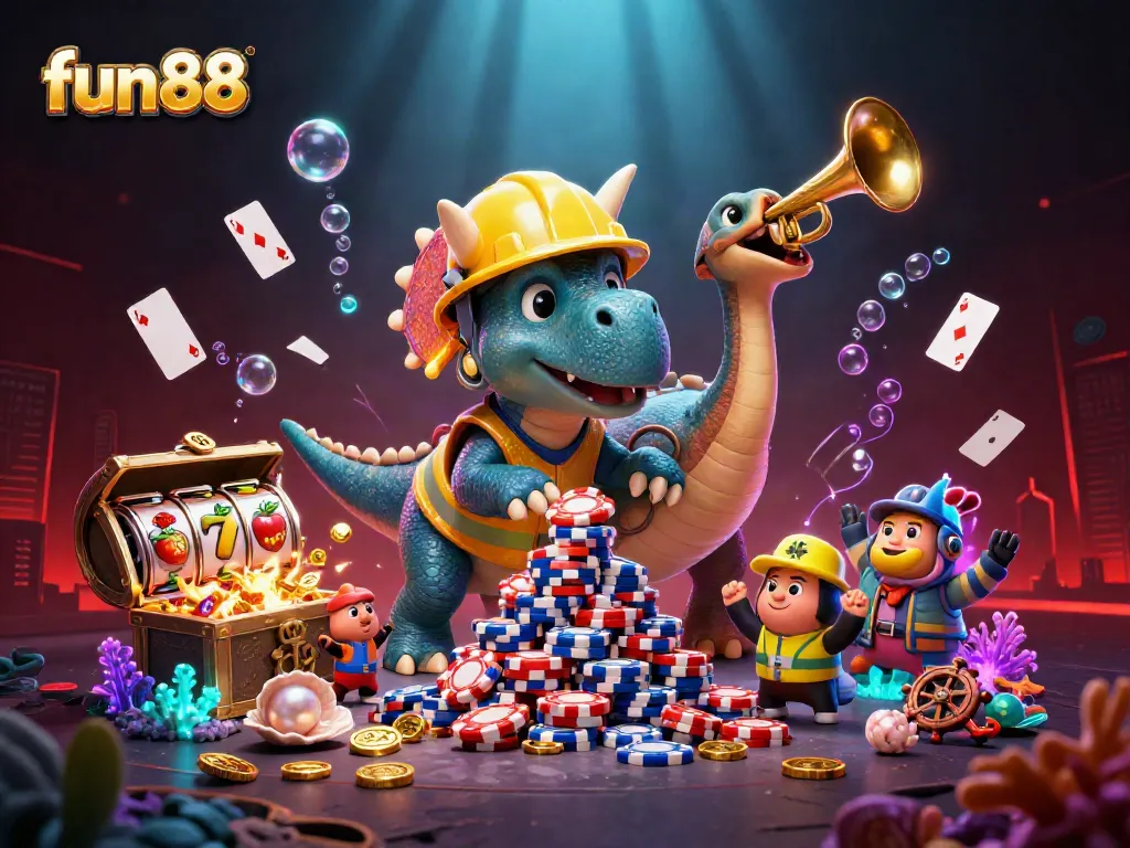 Engage with fun88 through a vibrant scene of playful dinosaurs celebrating winning poker chips in a casino.
